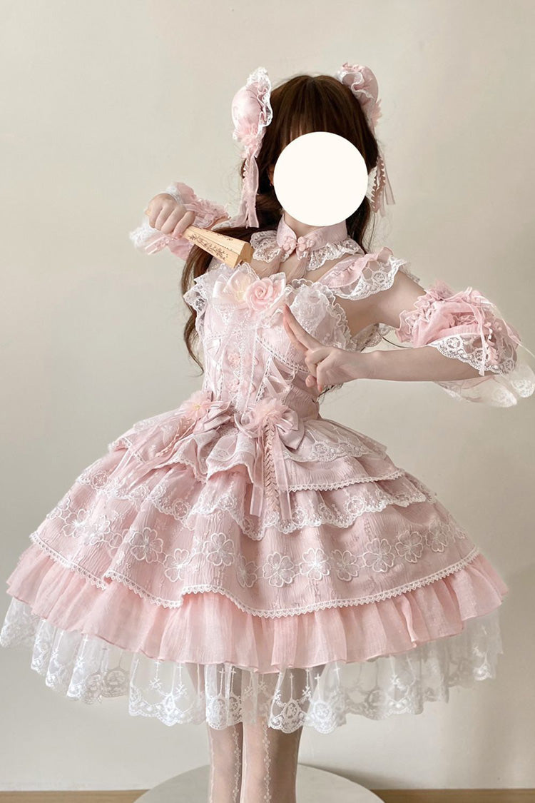 Sweet Lolita JSK - Rain Of Peaches, Pink, Chinese-Inspired Style, Bow Detail, Lace Trim - main product image