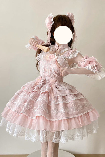 Sweet Lolita JSK - Rain Of Peaches, Pink, Chinese-Inspired Style, Bow Detail, Lace Trim - main product image
