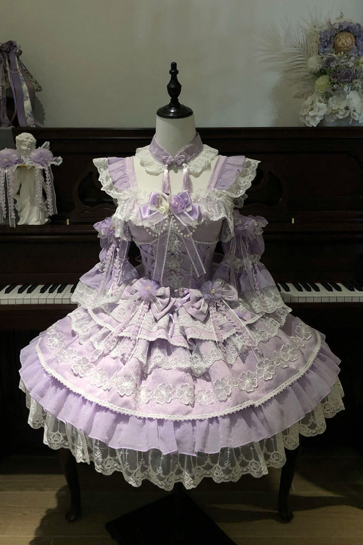 Sweet Lolita JSK - Rain Of Peaches, Purple, Chinese-Inspired Style, Bow Detail, Lace Trim - additional product view 3