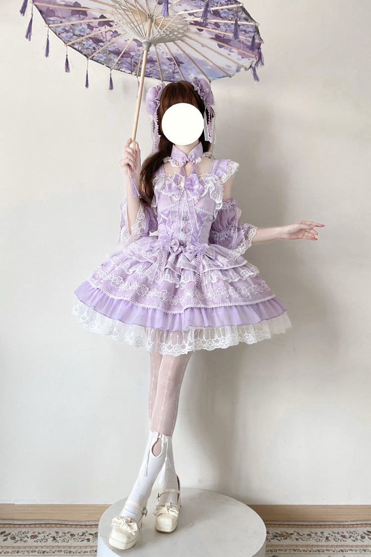Sweet Lolita JSK - Rain Of Peaches, Purple, Chinese-Inspired Style, Bow Detail, Lace Trim - additional product view 6