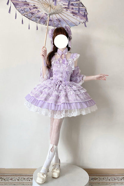 Sweet Lolita JSK - Rain Of Peaches, Purple, Chinese-Inspired Style, Bow Detail, Lace Trim - additional product view 6