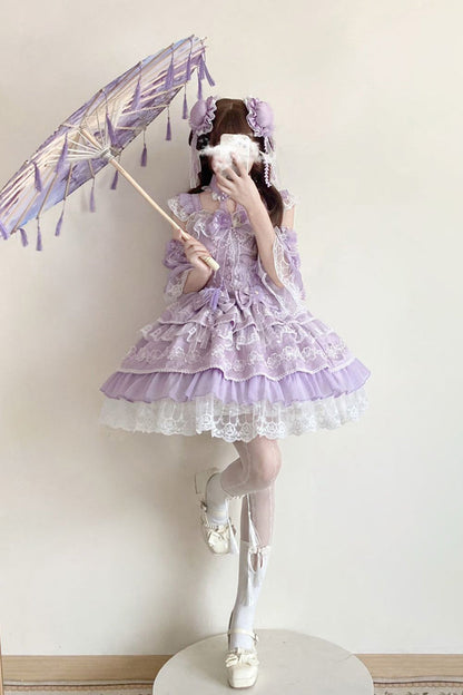 Sweet Lolita JSK - Rain Of Peaches, Purple, Chinese-Inspired Style, Bow Detail, Lace Trim - additional product view 7