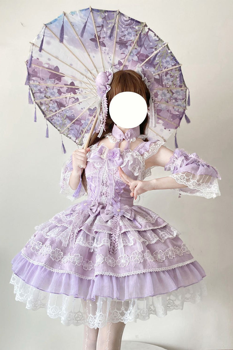 Sweet Lolita JSK - Rain Of Peaches, Purple, Chinese-Inspired Style, Bow Detail, Lace Trim - main product image