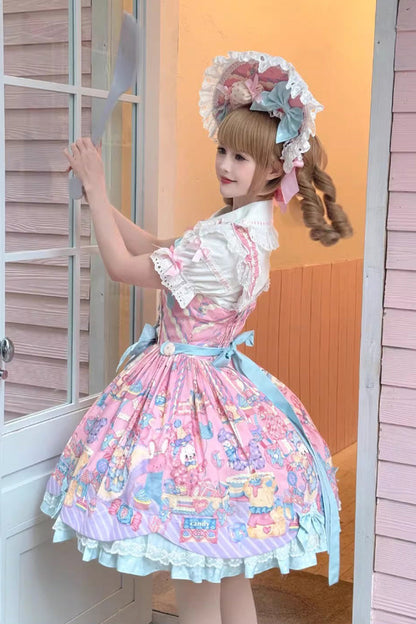 Sweet Lolita JSK - Rainbow Buffy Bunny, Pink, Bow Detail, Ruffled, Printed - additional product view 2