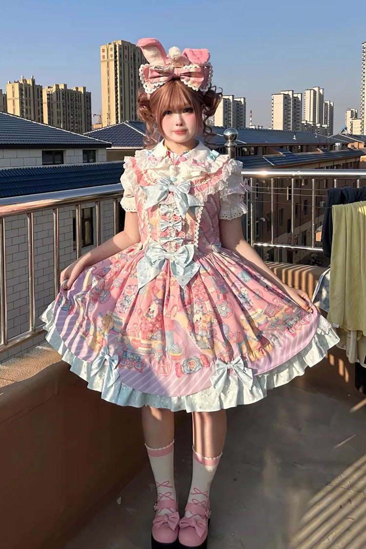 Sweet Lolita JSK - Rainbow Buffy Bunny, Pink, Bow Detail, Ruffled, Printed - additional product view 4