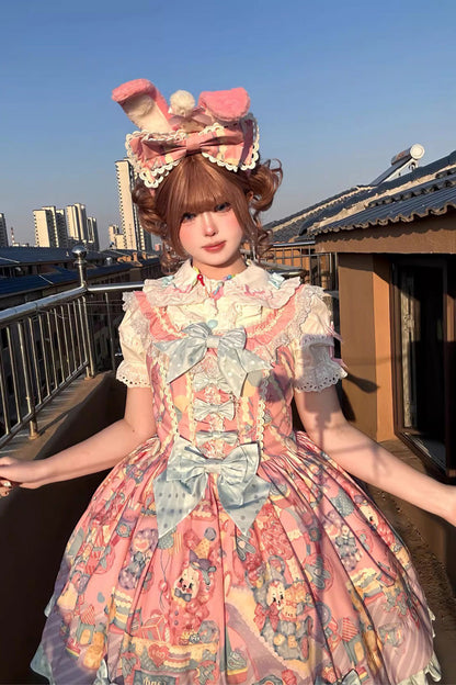 Sweet Lolita JSK - Rainbow Buffy Bunny, Pink, Bow Detail, Ruffled, Printed - additional product view 5