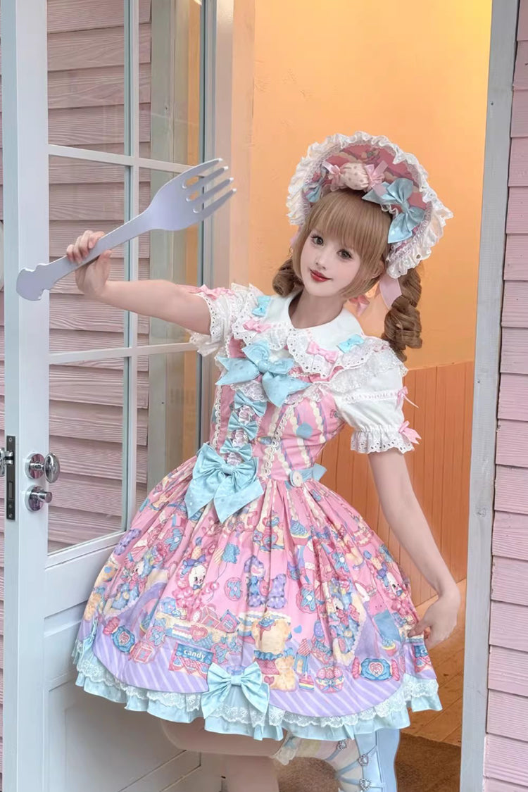 Sweet Lolita JSK - Rainbow Buffy Bunny, Pink, Bow Detail, Ruffled, Printed - main product image