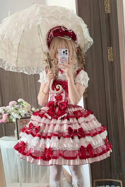 Sweet Lolita JSK - Ribbon Berries, Red, Ruffled, Layered, Bow Detail - additional product view 3