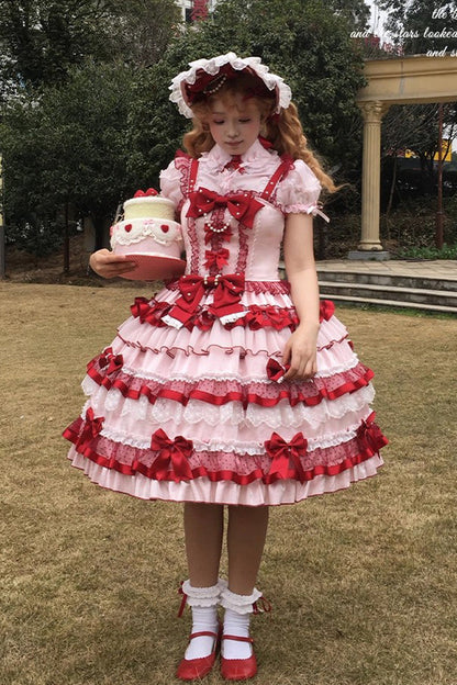 Sweet Lolita JSK - Ribbon Berries, Red, Ruffled, Layered, Bow Detail - additional product view 12