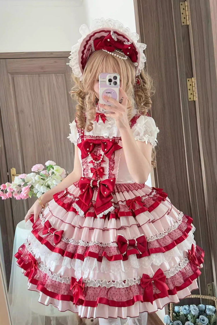 Sweet Lolita JSK - Ribbon Berries, Red, Ruffled, Layered, Bow Detail - main product image