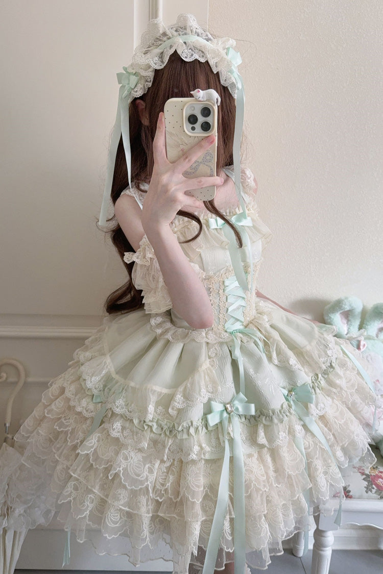 Sweet Lolita JSK - Ribbon Heart Love, Green, Ruffled, Layered, Lace-Up - additional product view 2