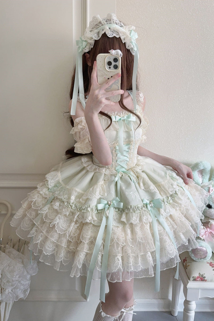 Sweet Lolita JSK - Ribbon Heart Love, Green, Ruffled, Layered, Lace-Up - additional product view 3