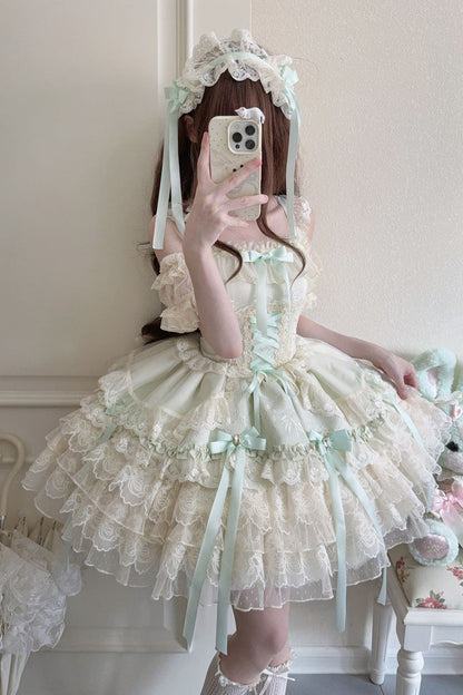 Sweet Lolita JSK - Ribbon Heart Love, Green, Ruffled, Layered, Lace-Up - additional product view 3