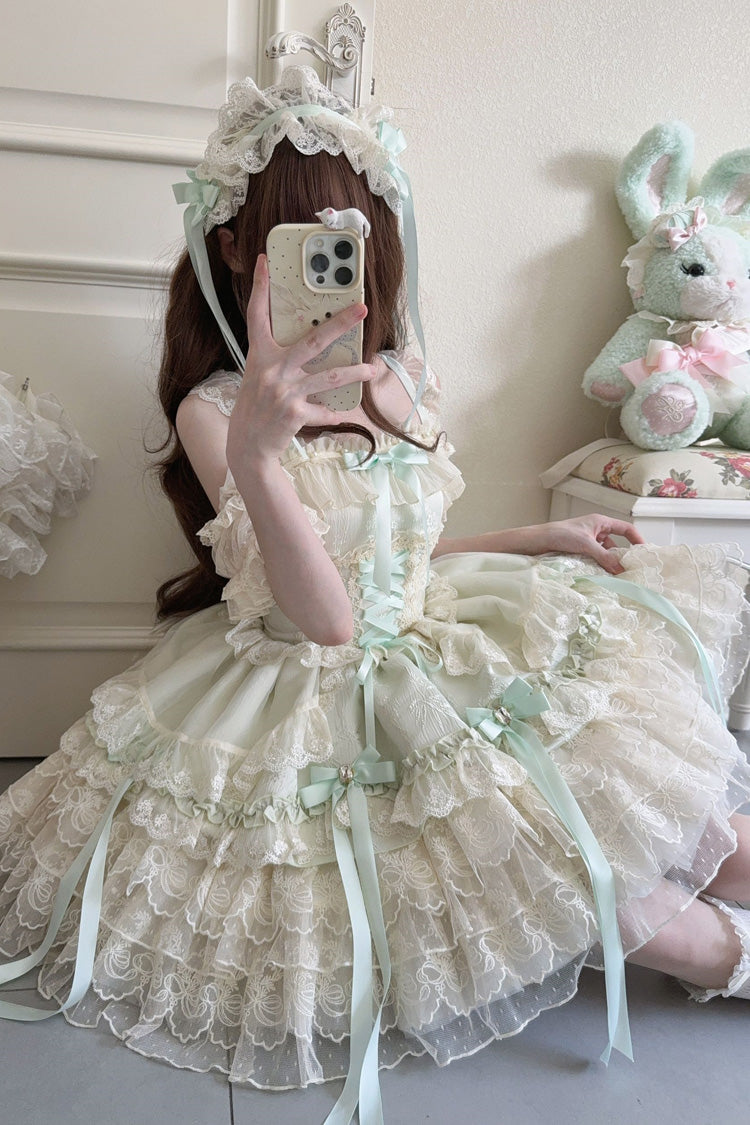 Sweet Lolita JSK - Ribbon Heart Love, Green, Ruffled, Layered, Lace-Up - additional product view 4