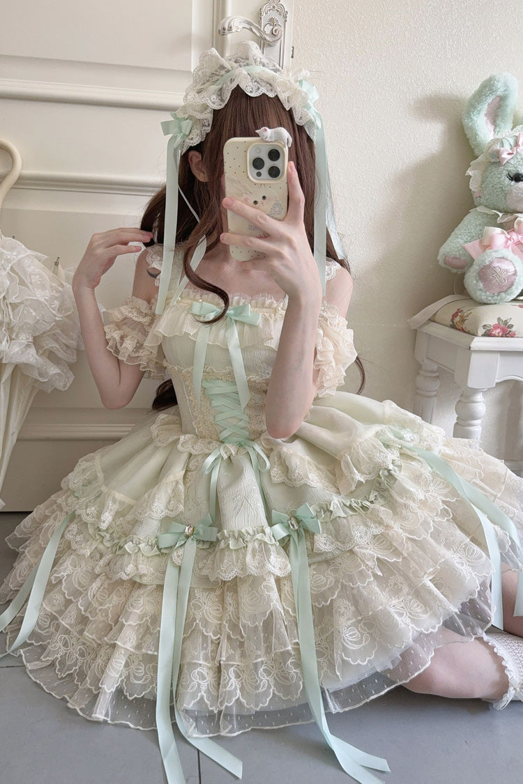 Sweet Lolita JSK - Ribbon Heart Love, Green, Ruffled, Layered, Lace-Up - additional product view 5