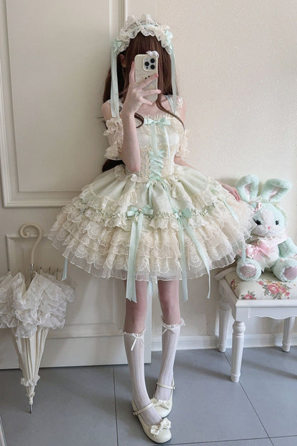 Sweet Lolita JSK - Ribbon Heart Love, Green, Ruffled, Layered, Lace-Up - additional product view 6