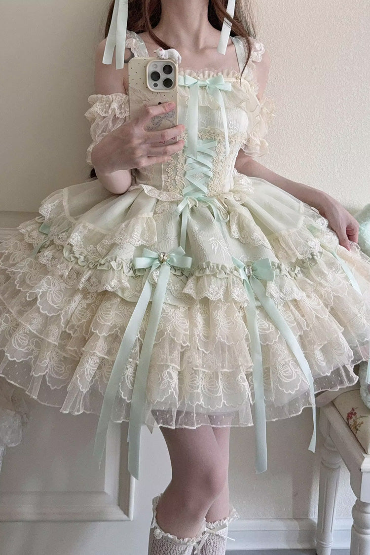 Sweet Lolita JSK - Ribbon Heart Love, Green, Ruffled, Layered, Lace-Up - additional product view 7