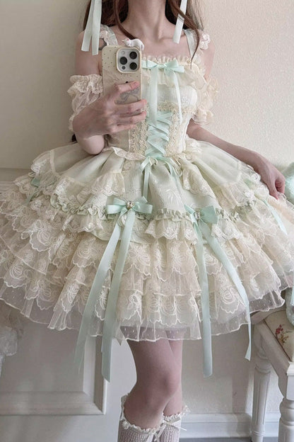 Sweet Lolita JSK - Ribbon Heart Love, Green, Ruffled, Layered, Lace-Up - additional product view 7