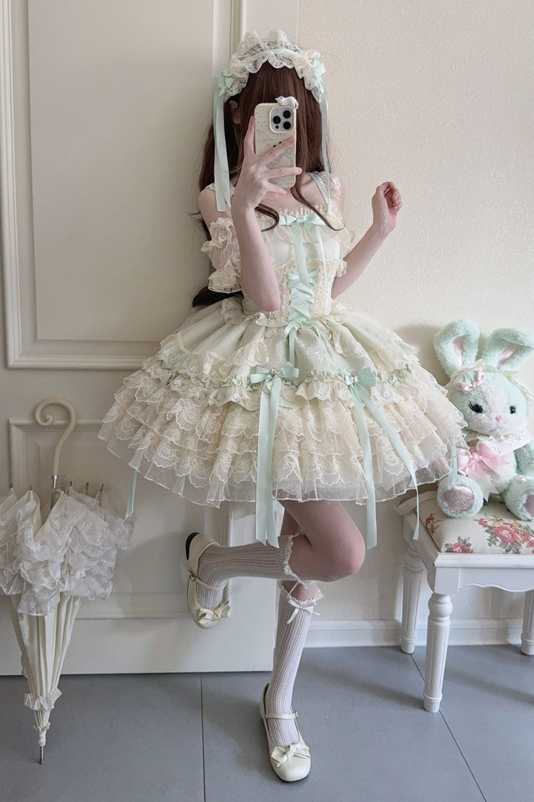 Sweet Lolita JSK - Ribbon Heart Love, Green, Ruffled, Layered, Lace-Up - additional product view 8