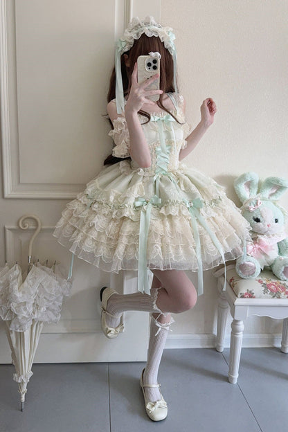 Sweet Lolita JSK - Ribbon Heart Love, Green, Ruffled, Layered, Lace-Up - additional product view 8