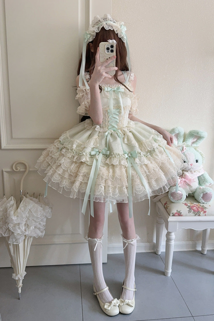 Sweet Lolita JSK - Ribbon Heart Love, Green, Ruffled, Layered, Lace-Up - additional product view 9