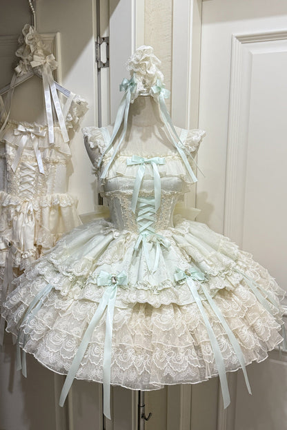 Sweet Lolita JSK - Ribbon Heart Love, Green, Ruffled, Layered, Lace-Up - main product image