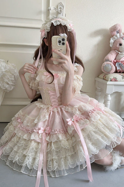 Sweet Lolita JSK - Ribbon Heart Love, Pink, Layered, Lace-Up, Ballet-Inspired Style - additional product view 2