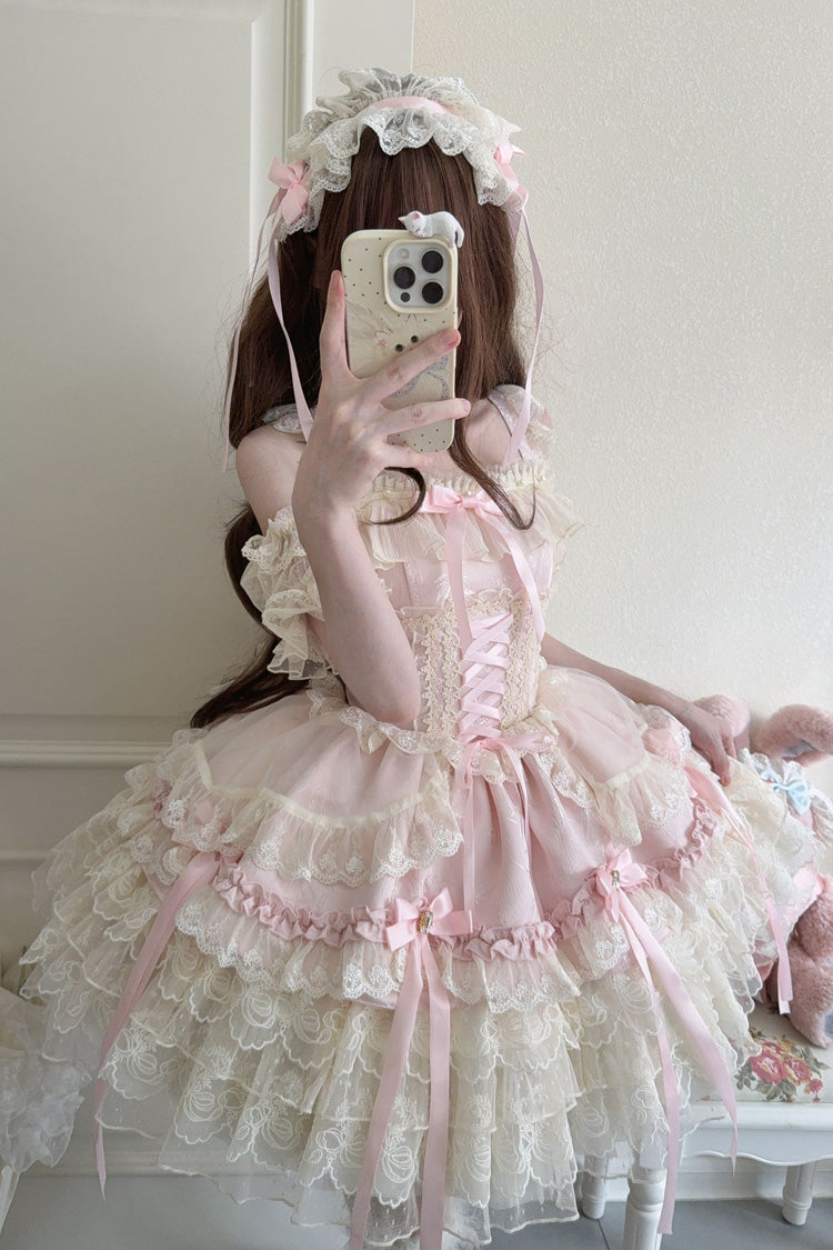Sweet Lolita JSK - Ribbon Heart Love, Pink, Layered, Lace-Up, Ballet-Inspired Style - additional product view 3