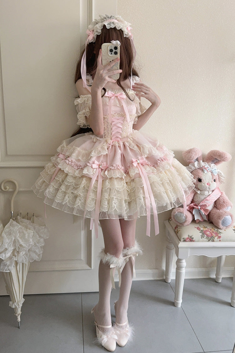 Sweet Lolita JSK - Ribbon Heart Love, Pink, Layered, Lace-Up, Ballet-Inspired Style - additional product view 4