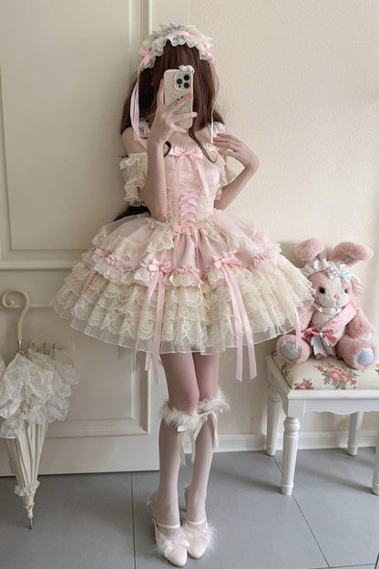 Sweet Lolita JSK - Ribbon Heart Love, Pink, Layered, Lace-Up, Ballet-Inspired Style - additional product view 4