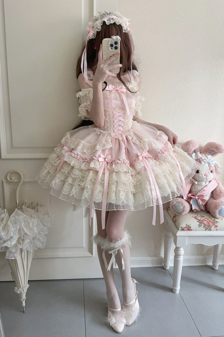Sweet Lolita JSK - Ribbon Heart Love, Pink, Layered, Lace-Up, Ballet-Inspired Style - additional product view 5