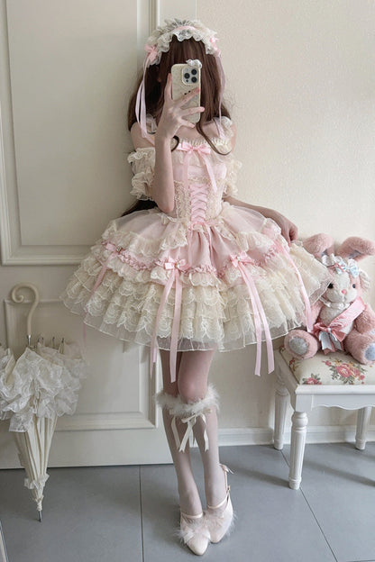 Sweet Lolita JSK - Ribbon Heart Love, Pink, Layered, Lace-Up, Ballet-Inspired Style - additional product view 5