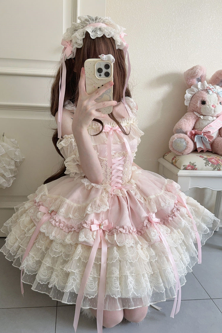 Sweet Lolita JSK - Ribbon Heart Love, Pink, Layered, Lace-Up, Ballet-Inspired Style - additional product view 6