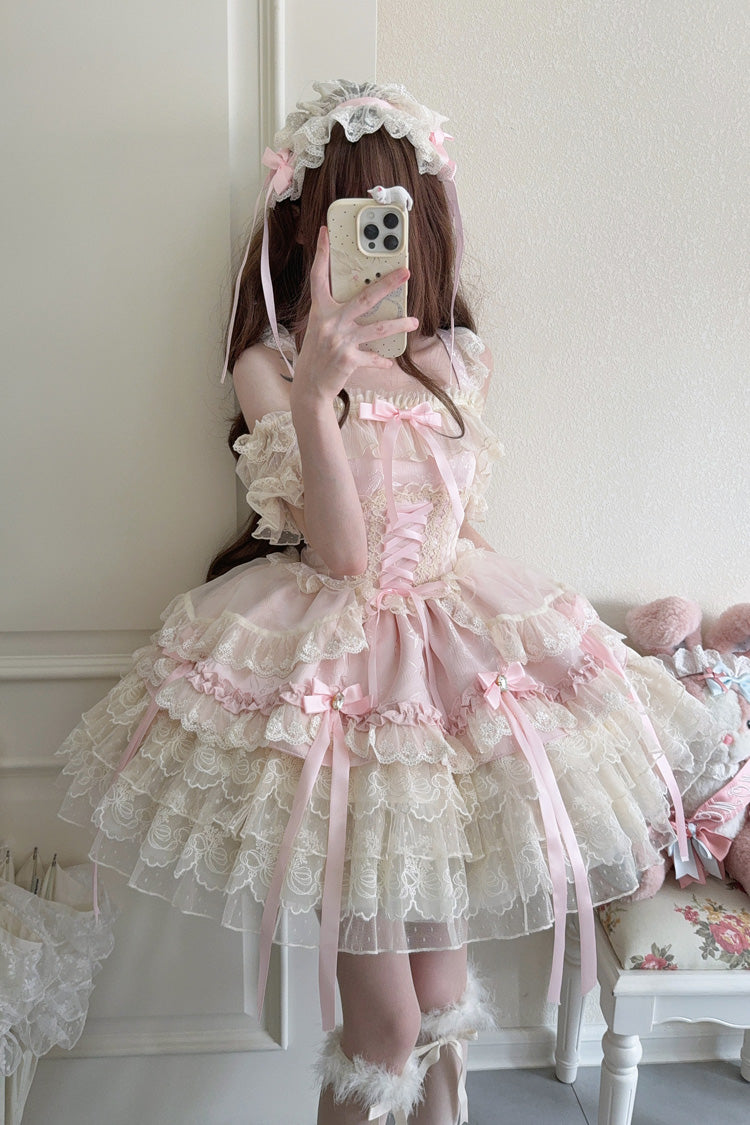 Sweet Lolita JSK - Ribbon Heart Love, Pink, Layered, Lace-Up, Ballet-Inspired Style - additional product view 7