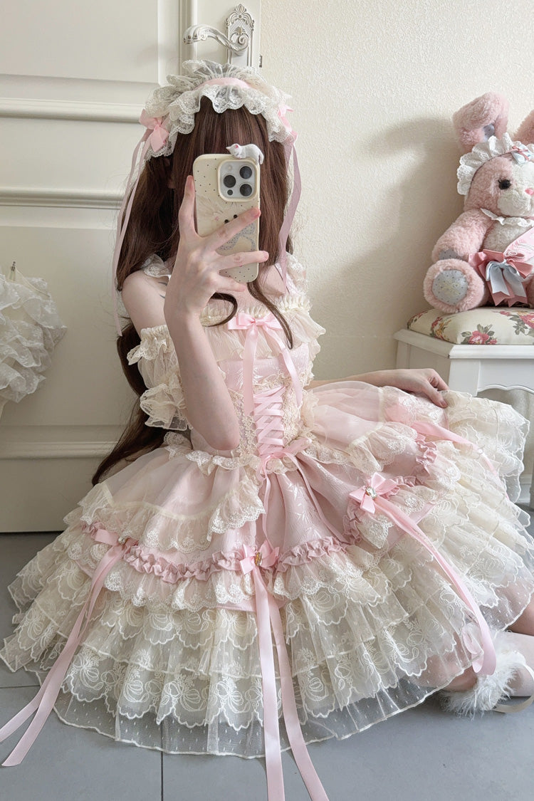 Sweet Lolita JSK - Ribbon Heart Love, Pink, Layered, Lace-Up, Ballet-Inspired Style - additional product view 8