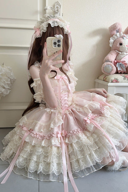 Sweet Lolita JSK - Ribbon Heart Love, Pink, Layered, Lace-Up, Ballet-Inspired Style - additional product view 8
