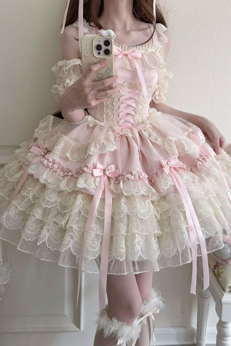 Sweet Lolita JSK - Ribbon Heart Love, Pink, Layered, Lace-Up, Ballet-Inspired Style - additional product view 9