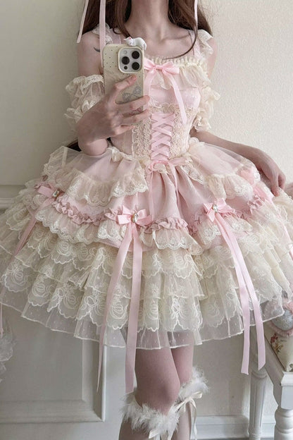 Sweet Lolita JSK - Ribbon Heart Love, Pink, Layered, Lace-Up, Ballet-Inspired Style - additional product view 9