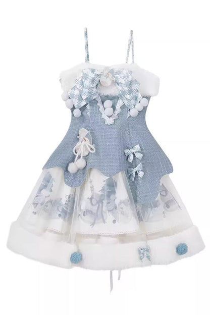 Sweet Lolita JSK - Rolling Snowballs, Blue, Printed, Bow Detail - S Dress / M Dress / L Dress option