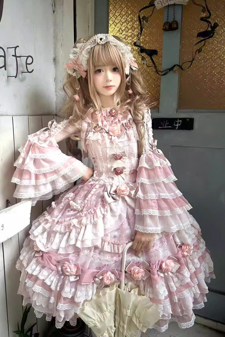 Sweet Lolita JSK - Rose Manor, Pink, Layered, Bow Detail, Lace Trim - main product image