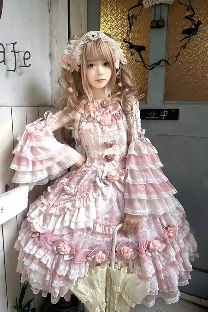 Sweet Lolita JSK - Rose Manor, Pink, Layered, Bow Detail, Lace Trim - main product image
