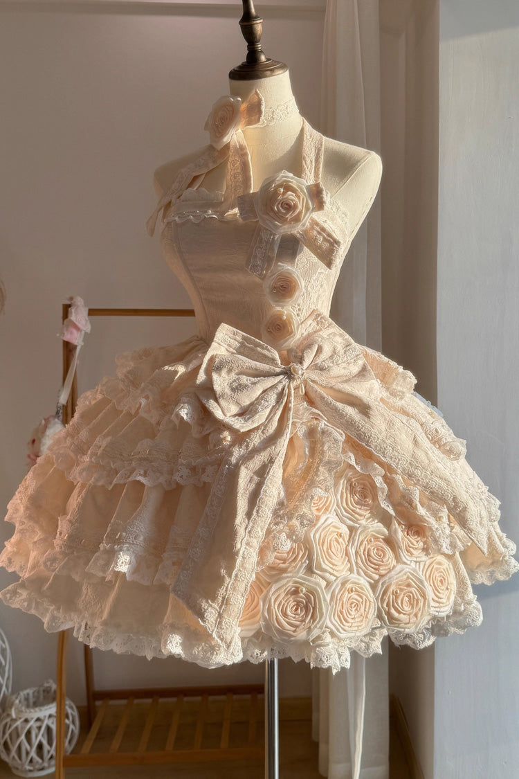 Sweet Lolita JSK - Rose Of Confession, 2 Colors, Lace Trim, Ruffled, Bow Detail - S Apricot / M Apricot / L Apricot option