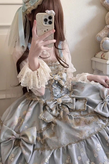 Sweet Lolita JSK - Ruffled Foil-stamped Embroidered, 4 Colors, Lace Trim, Bow Detail - additional product view 8