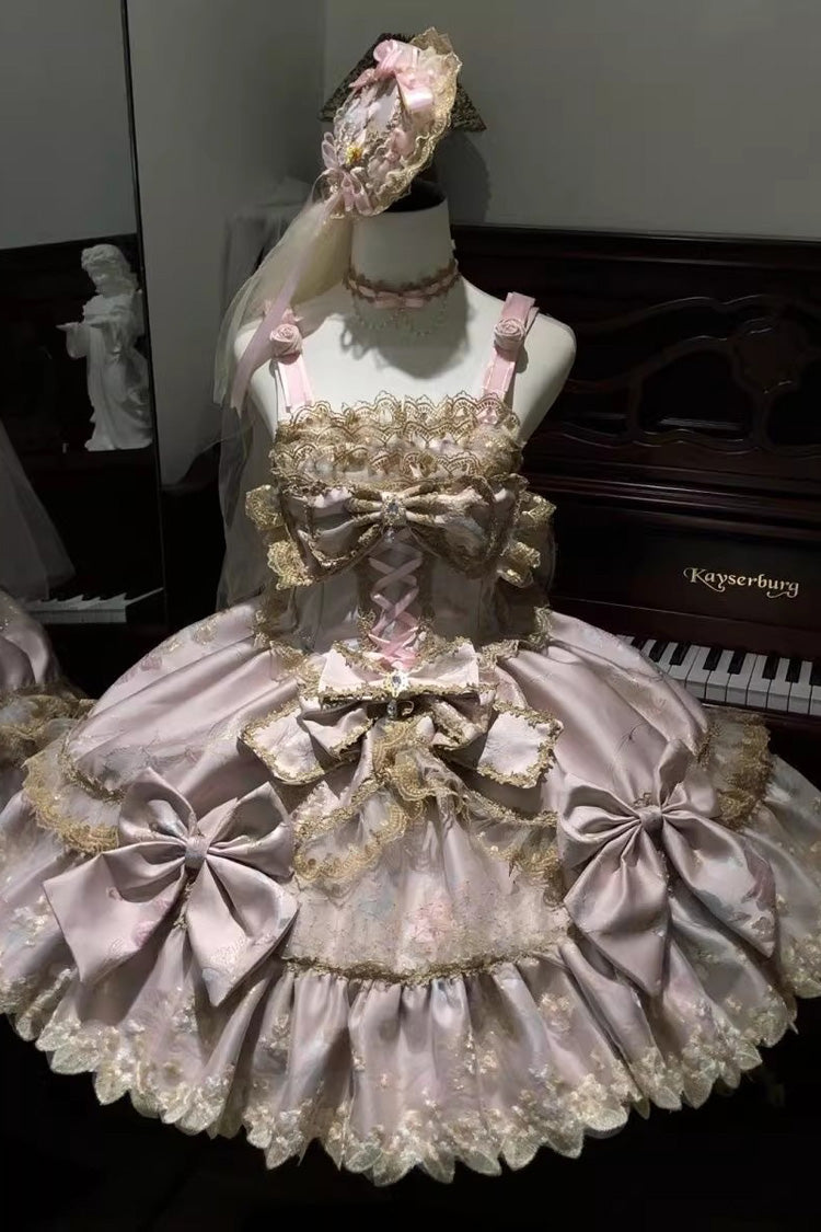 Sweet Lolita JSK - Ruffled Foil-stamped Embroidered, 4 Colors, Lace Trim, Bow Detail - main product image