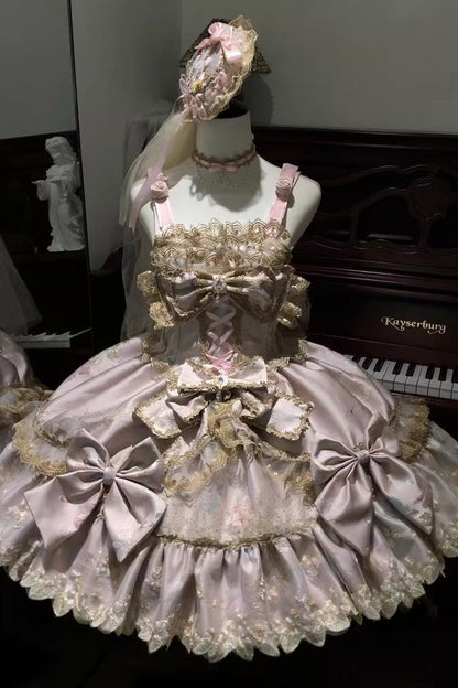 Sweet Lolita JSK - Ruffled Foil-stamped Embroidered, 4 Colors, Lace Trim, Bow Detail - main product image