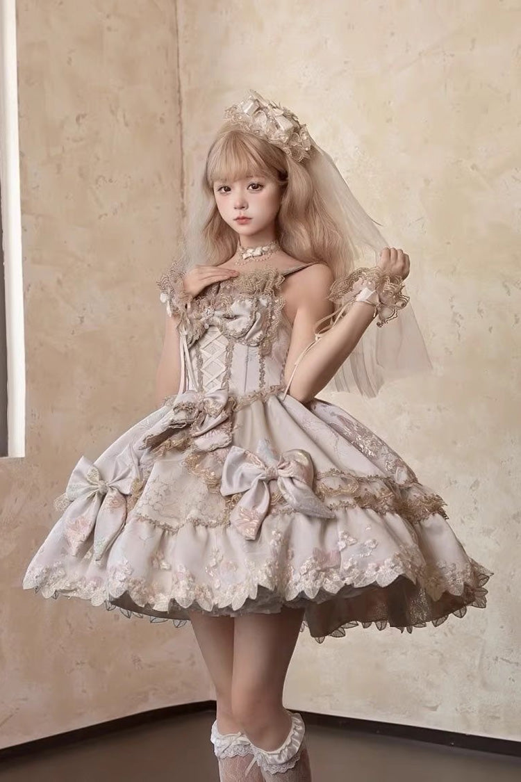 Sweet Lolita JSK - Ruffled Foil-stamped Embroidered, 4 Colors, Lace Trim, Bow Detail - S Beige / M Beige / L Beige option