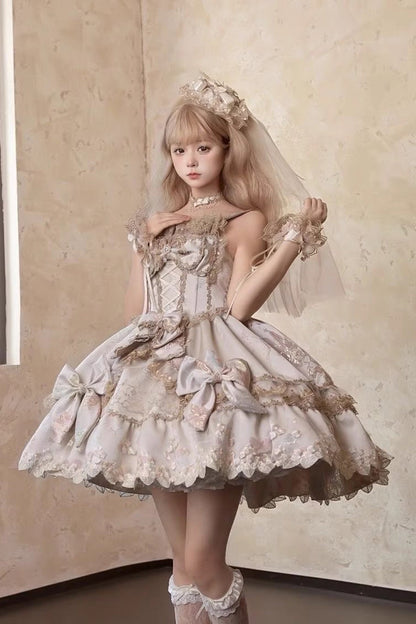 Sweet Lolita JSK - Ruffled Foil-stamped Embroidered, 4 Colors, Lace Trim, Bow Detail - S Beige / M Beige / L Beige option