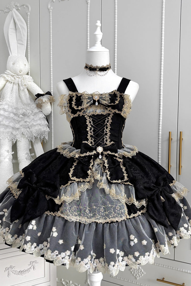 Sweet Lolita JSK - Ruffled Foil-stamped Embroidered, 4 Colors, Lace Trim, Bow Detail - S Black/Gold / M Black/Gold / L Black/Gold option