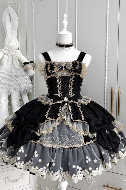 Sweet Lolita JSK - Ruffled Foil-stamped Embroidered, 4 Colors, Lace Trim, Bow Detail - S Black/Gold / M Black/Gold / L Black/Gold option
