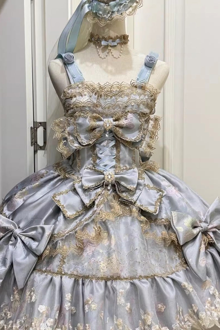 Sweet Lolita JSK - Ruffled Foil-stamped Embroidered, 4 Colors, Lace Trim, Bow Detail - S Blue / M Blue / L Blue option